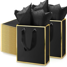 Yeaqee 50 Pack Metallic Paper Gift Bags with Handle and Tissue Paper Wedding Thank You Favor Bag for Bridal Shower Groomsmen 5 Senses Gift Bags for Her Him Birthday 9 x 7 x 3.15''(Black and Gold)