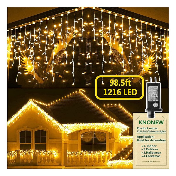 KNONEW Christmas Lights Outdoor Decorations 1216 LED 99ft 8 Modes Curtain Fairy String Light with 228 Drops, Clear Wire LED String Light Indoor Decor for Wedding Party Christmas Decoration Warm White