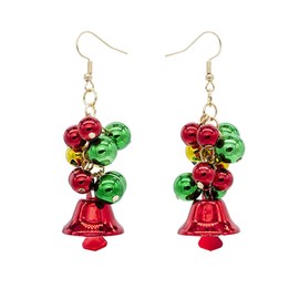 Christmas Jingle Bell Red Green Tinkle Bell Ball Cute Gold Plated Long Chain Dangle Earrings for Women Fish Hook Dangling Hanging Hypoallergenic Xmas Festival Decoration Party Jewelry Gift for Bff Daughter
