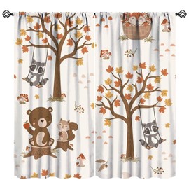 JanJCurt Cute Woodland Animals Curtains, Autumn Forest Cartoon Fox Bear Kids Boys Girls Rod Pocket Window Treatments for Bedroom Living Room Nursery, 42x45in （No Blackout）
