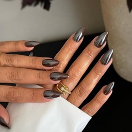 Brown Glazed Donut Press on Nails Almond, Light Brown Chrome Nails Press ons for Women, Thick Aurora Glue on Nails Medium Length, Reflective Mirror Shinny Acrylic Nails Light Weight & Fit Perfectly