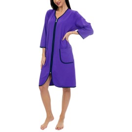 Aquarti Women's Bathrobe Dressing Gown with Zip House Coat Lightweight 3/4 Sleeves, Purple