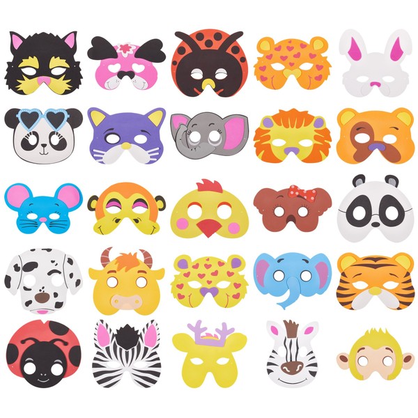 PREXTEX 50 Piece Assorted Foam Animal Face Mask for Kids - Masquerade Mask, Purim Masks, Halloween Masks, Dress-Up Party Favors | Farm Jungle Zoo Safari Animals Theme Birthday Decorations Kid Mask