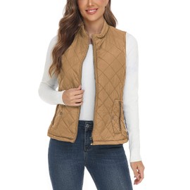 YESLIFE 2024 Camel Women's Outwear Quilted Vest With One Inside Pocket, Stand Collar Lightweight Padded Gilet for Women L