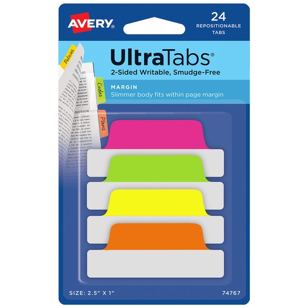 Avery Ultra Tabs, 2.5" x 1", 2-Side Writable, Pink/Green/Orange, 24 Repositionable Margin Tabs (74767)