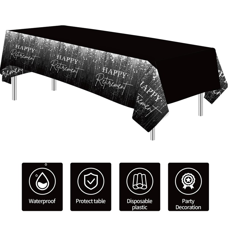 FVABO Retirement Party Decorations Tablecloth, 3Pcs Disposable Silver and Black