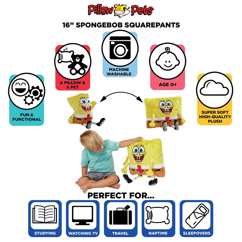 Pillow Pets Nickelodeon Spongebob Squarepants 16” Stuffed Animal Toy, Yellow,