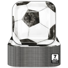 Potchen 100 Pcs Vintage Soccer Paper Plates Bulk 7 x 7 Inch Soccer Birthday Party Supplies Disposable Square Paper Plates for Birthday Boys Baby Shower Tableware Party Supplies