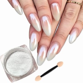 Pearl Chrome Nail Powder, Mirror Effect Aurora Magic Pearlescent White Nail Powder Pigment, High Gloss Glitter Nail Art, Holographic Ice Aurora Dust Nail Powder for Manicure pigment (white)