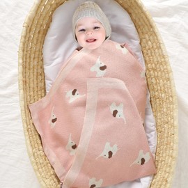 Hadetoto 100% Cotton Baby Blanket Knit Soft Cozy Swaddle Receiving Blankets Toddler Infant Blanket with Lovely Elephant for Newborn Boy Girls - Pink, 90 x 70cm