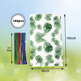 LEOSINDA Clear 100 pcs 6X10 IN Hawaiian Cellophane Treat Bags Green Jungle Preserve Favour Bags Party Favour Bags Palm Leaf Candy Bags with 100 Twist Ties for Wedding Birthday Party Favours