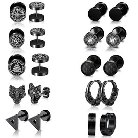 10 Pairs of Earrings Men's Stainless Steel 10 mm Viking Stud Earrings Helix Piercings Viking Earrings Set Hoop Earrings Viking Earrings for Men, Stainless Steel