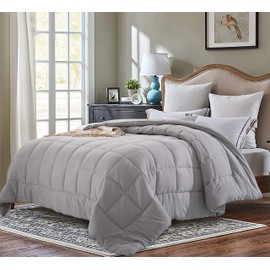 Evolive All Season Pre Washed Soft Microfiber White Goose Down Alternative Comforter with Box Stitching (Grey, Full/Queen)