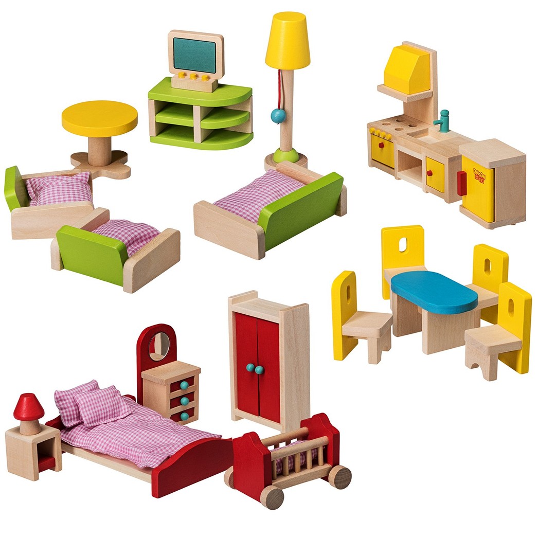 Dragon Drew Wooden Dollhouse Furniture Set - 27 Piece Kit - Living Room, Bedroom and Kitchen Accessories, 100% Natural Wood, Nontoxic Paint, Smooth Edges