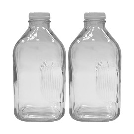 Glass Beverage Jug, 64 oz, Clear, Wide Mouth with Groove Handle and Airtight Lid (2)