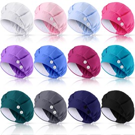 Shyyween 12 Pcs Bouffant Caps with Button Sweatband Adjustable Scrub Cap Bouffant Elastic Nurse Surgical Hat for Women Men (Simple) Multicolor