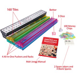 Jongyance American Mahjong Set, Mahjong Game Set, 166 Tiles with Blue and Red Bag, 4 All-in-One Rack/Pushers, MaJongg Set (Mahjong, Majiang, Ma Jong)