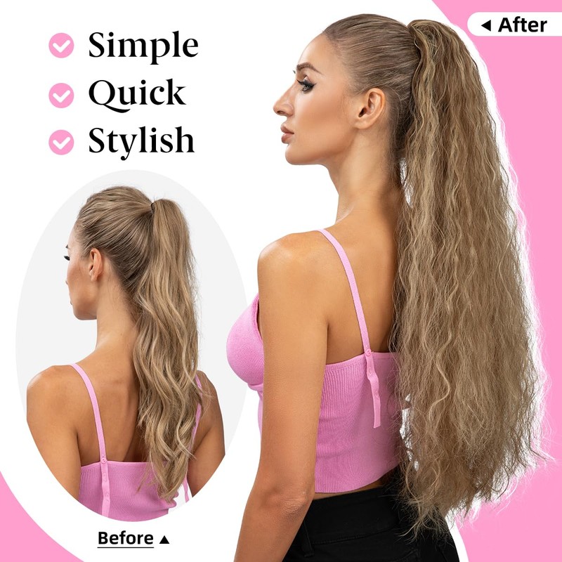 YUMOREAL Drawstring Ponytail Extension 26inch Long Fluffy Wavy Hairpiece for