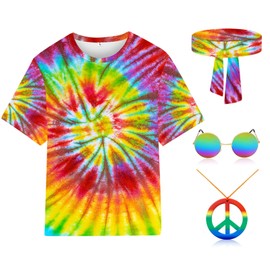 kooirsp Hippie Costume for Men Women 4PCS Mens 60s 70s Outfit Set Colorful Hippie Shirt Sunglasses Headband Peace Necklace (Tie Dye, Large)