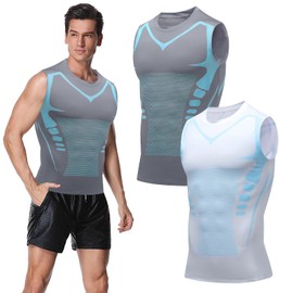 Ronronner 2 Pieces 2024 Ionic Shaping Vest, Ionic Shaping Men's Undershirt, Tummy Control Men, Body Shaped, Breathable Ice Silk Fabric, Sportswear for Men, Grey and white, XL