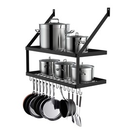 Miyili 30-Inch Kitchen Pot Rack with 15 Hooks, Wall Mounted Hanging Rack for Storage Organizer, 2-Tier Pots Hangers Shelf (Matte Black)
