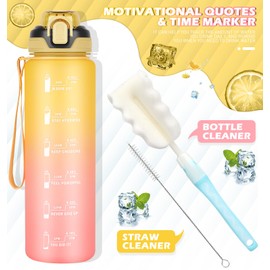 CodiCile 1L Water Bottle with Straw,Water Bottle Dishwasher Safe,Leak-proof Sports Drinks Bottle with Time Maker & Bottle Brush,Non-Toxic for Running,cycling, Gym, School & Office,Yellow Pink