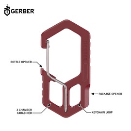 Gerber Multi-Tool and Key Ring Carabiner, 3 Chamber Carabiner with Packaging Opener and Bottle Opener, Length: 2.4 inch, Weight: 18 g, Stainless Steel, Red, 1075356