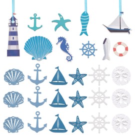 CHGCRAFT 34pcs 16Style Wooden Nautical Hanging Decorations Mini Beach Marine Ornament Set Beach Coastal Wall Ornaments for Christmas Tree Party Home Decor, 45.5x44x3mm, Hole: 1.6mm