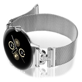 OULUCCI Bands Compatible with Pixel 3 41mm Watch Bands, D-shaped with Diamonds Mesh Loop Magnetic Strap for Pixel 21 Watch Bands for Women Men (Silver)