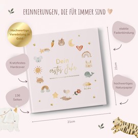 MeinBaby123® Baby Album Your First Year High-Quality Gold-Plated with 136 Filling Pages, Gift for Birth, Baby Gifts, Baby Diary to Fill in for Milestones in the 1st Year (Pink)