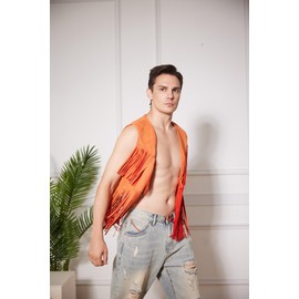WDIRARA Men's Open Front Sleeveless Fringe Hem Party Club Jacket Vest Outerwear Orange Solid S