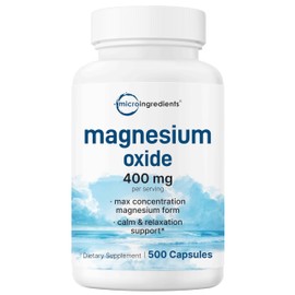 Magnesium Oxide 400mg, 500 Capsules | Elemental Form for Max Concentration | Supports Calm, Muscle & Nerve Health | Non-GMO