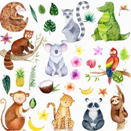 Safari Tiere Aufkleber Wandtattoo – A4 Set für Kinderzimmer – Wandaufkleber mit Elefant, Giraffe, Löwe, Zebra & mehr – Tiermotive Deko für Babyzimmer & Jungen/Mädchen (Tropisch)