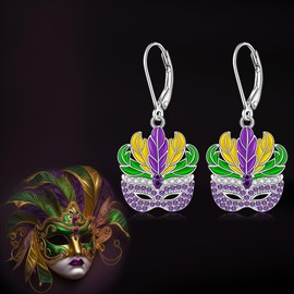 Mardi Gras Earrings Sterling Silver Small Mardi Gras Earrings for Women Dangle Studs Feather Mask Earring Womens Jewelry