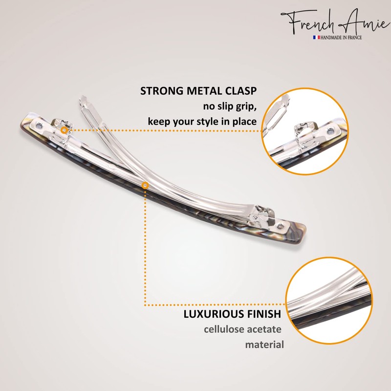 French Amie Long and Thin Handmade Celluloid Onyx Hair Clip