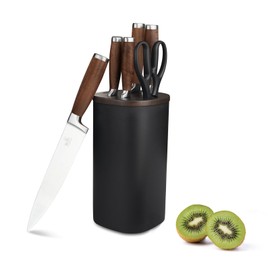 Knife Block Set（Walnut handle）, 7-Piece Black Kitchen Knife Set for Home, Anti-Rust Non-stick Stainless Steel Sharp Chef Knife Set with Universal Knife Block for Kitchen, Ergonomical Design (Black)