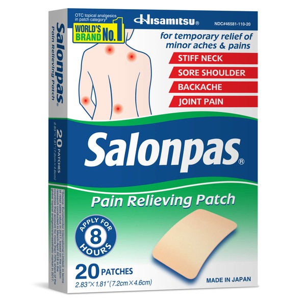 Salonpas Pain Relieving Patch, 20 Count, for Back, Neck, Shoulder, Knee Pain and Muscle Soreness, 8 Hour Pain Relief