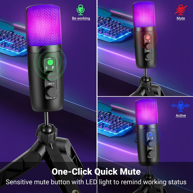 Micrófono Condensador USB+Tipo C, Micrófono de Computadora RGB con Filtro