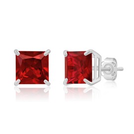 14k Yellow Gold Princess Cut Created Red Ruby Square Stud Earrings for Women 7mm Solitaire July Birthstone with Push Backs MAX + STONE