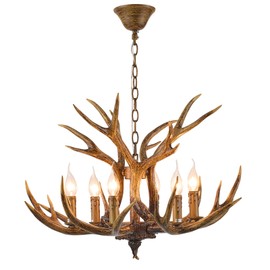 Durahonn Brown Color Antler Chandelier Light Fixture 6 Lights E12 Bulbs Vintage Resin Antler Ceiling Light for Living Room, Dining Room, Bedroom, Kitchen with Adjustable Chain (Brown)