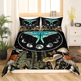 Erosebridal Blue Gothic Moth Duvet Cover, Bohemian Trippy Mushroom Bedding Sets Queen Moon Phase Comforter Cover Dragonfly Butterfly Bedding, Psychedelic Galaxy Glitter Stars Quilt Cover, 3 Pieces