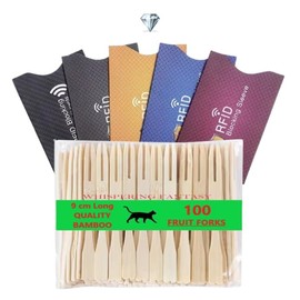 WHISPERING FANTASY 100pcs Premium Quality Wooden Fruit Forks + 5pcs RFID Cards Bundle.