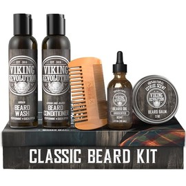 Kit de acondicionador para el cuidado de la barba. Kit de aseo para la barba para los hombres suaviza, suaviza y calma la picazón de la barba. Contiene lavado y acondicionador, aceite de barba, bálsamo de barba y peine de barba. Set clásico
