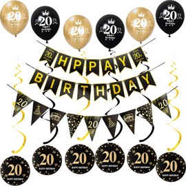 Black Gold Garland Happy 20 Years Birthday Banner + Triangle Flags + 20 Years Birthday Hanging Decorations Balloons 20 Years Birthday Woman Man Decoration Birthday 20 Years Man