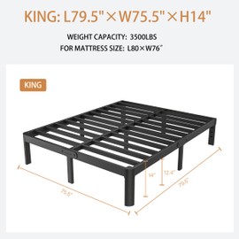 KZZLOL King Bed Frame Black, 14 Inch Metal King Size Bed Frame No Box Spring Needed, DIY Headboard Holes, Heavy Duty Steel Support 3500 LBS, Noiseless, Round Corner Legs, Storage Space, Easy Assembly