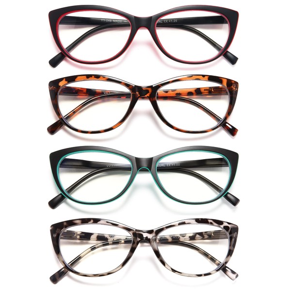 EYEURL 4 Pack Cat Eye Reading Glasses for Women, Blue Light Blocking Readers Lightweight Spring Hinge Anti Eyestrain UV Fashion Eyeglasses +1.25