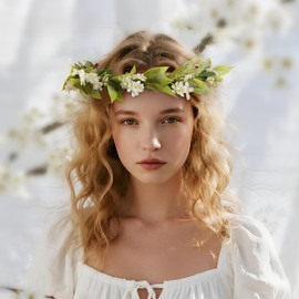 KorViSHOW White Flower Crowns Headband, Artificial Boho Floral Headpiece with Green Leaf, Fairy Forest Elven Headwear with Ribbon for Women Girls Bridal Wedding Renaissance Festivals Hair Accessories
