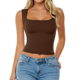 Popilush Shapewear Tops for Women Trendy - Square Neck Women's Going Out Tummy Control Tank Tops Summer Outfits Dark Brown