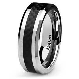 King Will GENTLEMAN 7MM Mens Titanium Ring Black Carbon Fiber Inlay Comfort Fit Polished Wedding Band 7