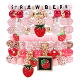 Ardorchid Strawberry Bracelets for Women Boho Fruit Beaded Bracelets Letter Multilayered Stackable Stretchy Bracelet Cute Bohemian Charm Friendship Bracelet Jewelry 8PCS